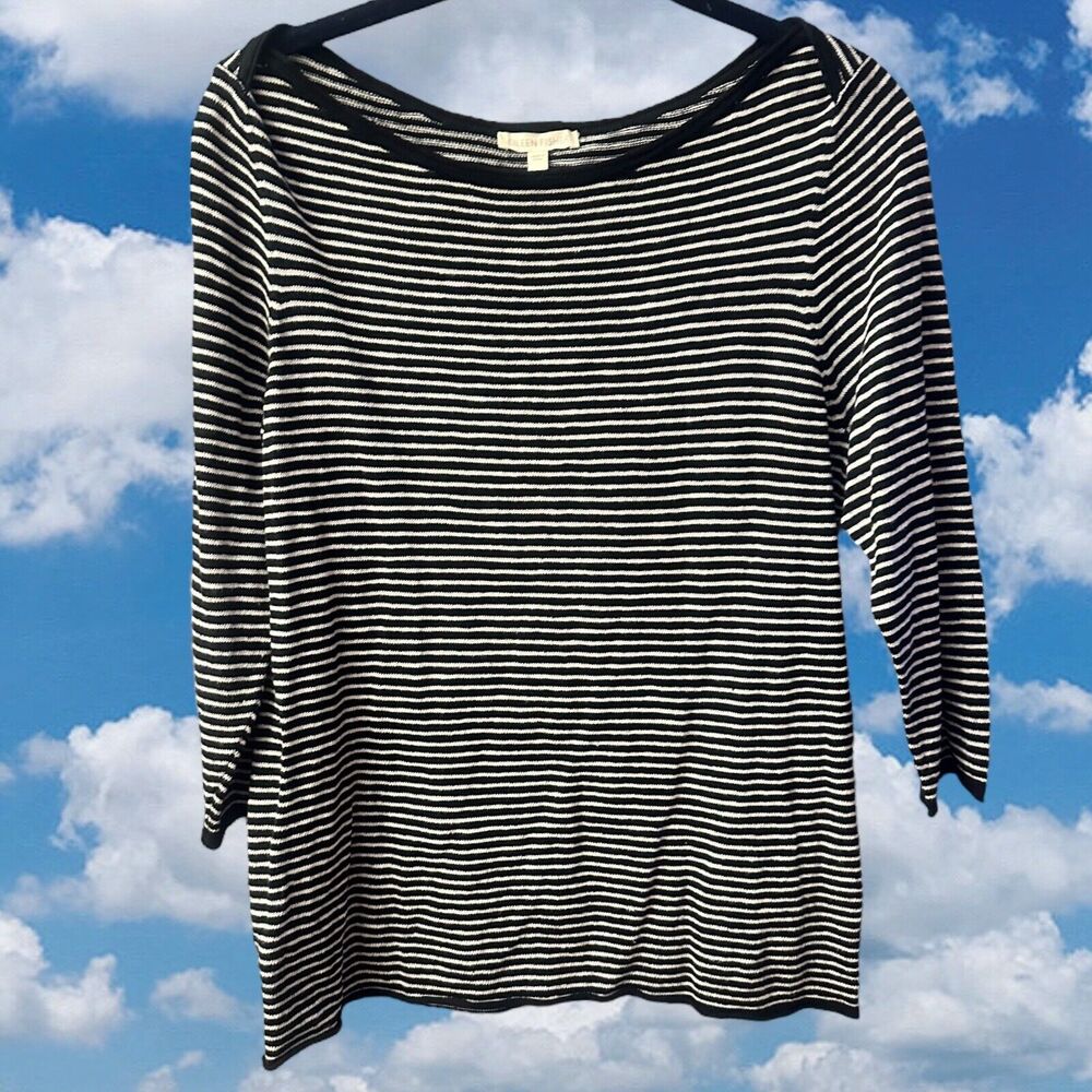 Eileen Fisher Sweater Small Organic Linen Cotton Blend Striped 3/4 Sleeves Black